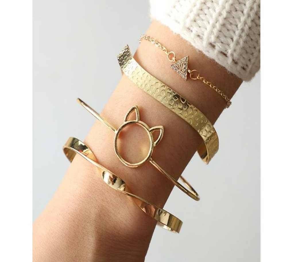 Luxury Bulgaria Gold Cute Cat Triangle Curve Shape Layered Bangle Set For Women Open Adjustable Charms Bracelets Set Jewelry