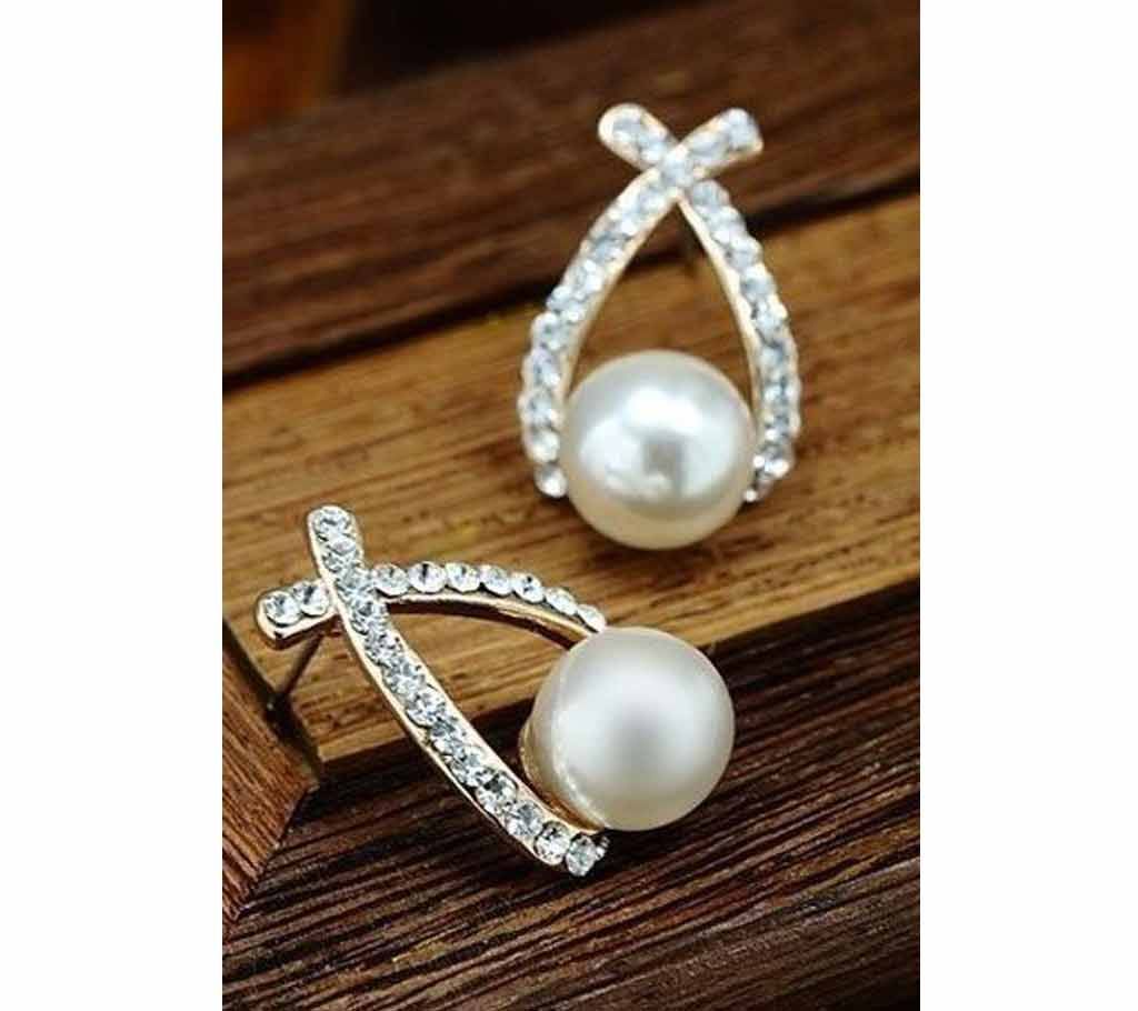 Simulated-pearl Rhinestone Crystal Stud Earrings Gold