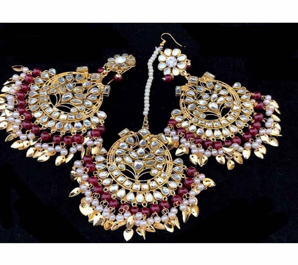 Beautiful Kundan Earring and Tikli Set - Maroon - Leaf Design
