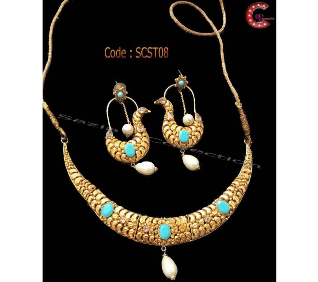 Gold Plated Chick Necklace With Peacock Ear ring Set