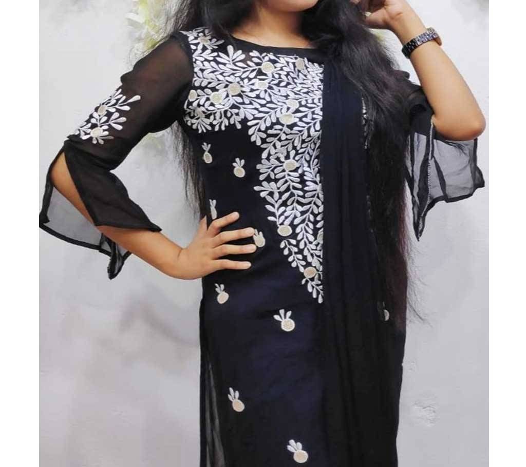 Black with Multi Design Handwork Embroidery Unstitched Georgette 3 Pieces - 01 - GDV