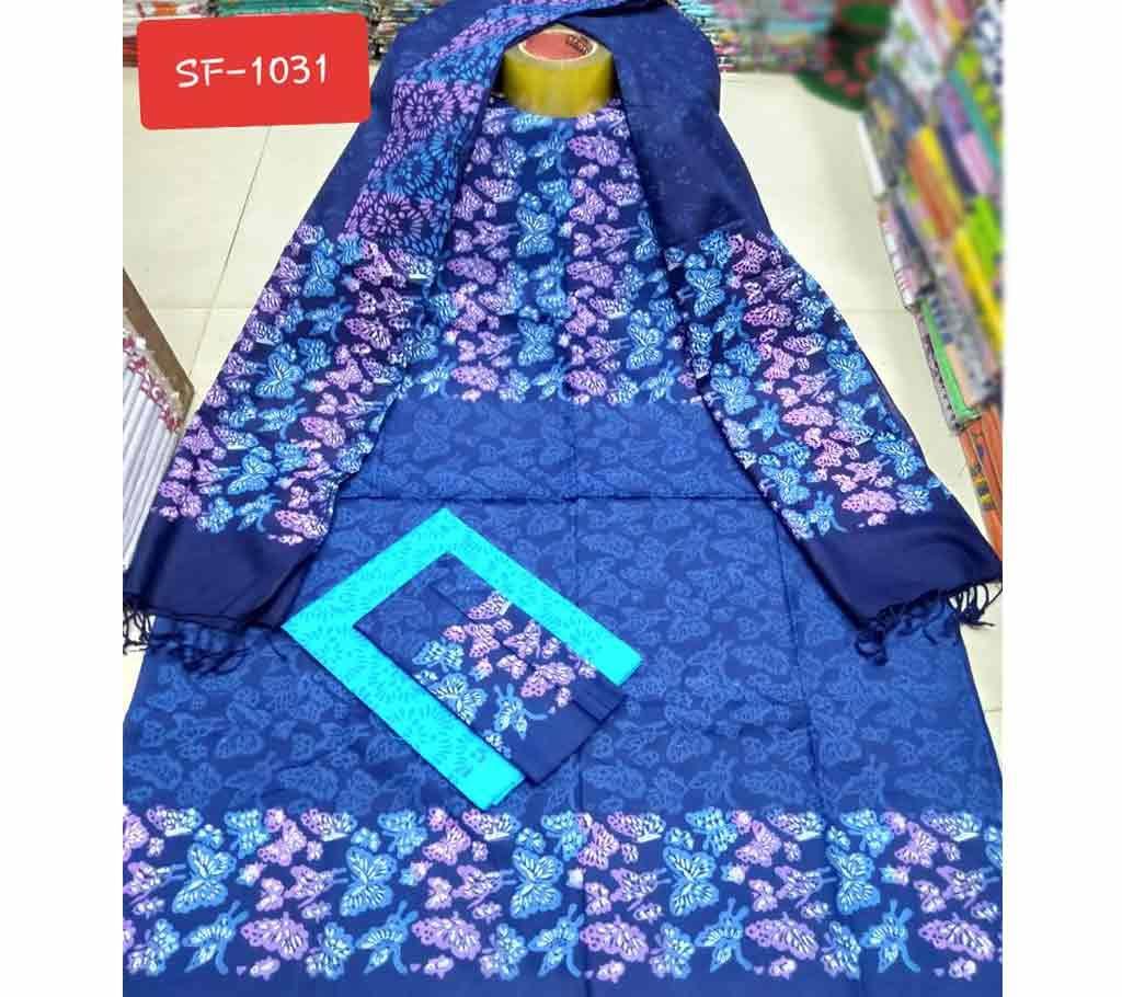 Block Printed Unstitched Cotton Three Piece- Blue 