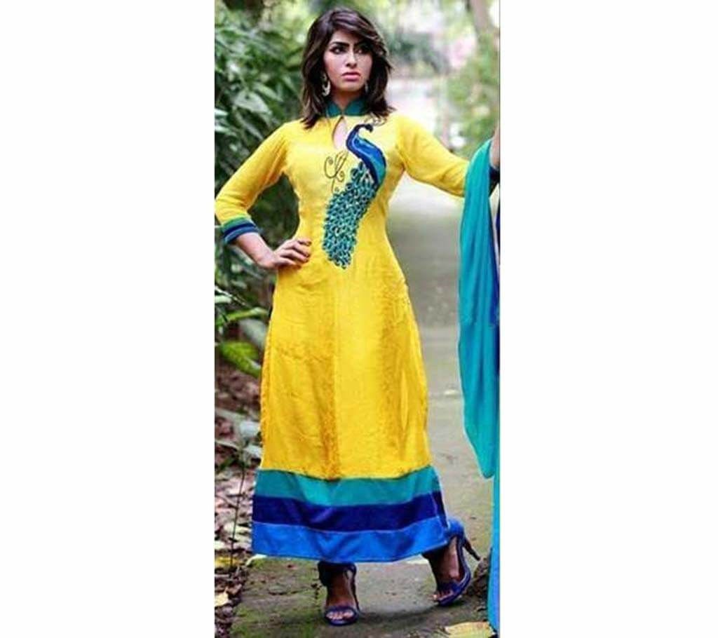 Unstitched block printed cotton three piece
