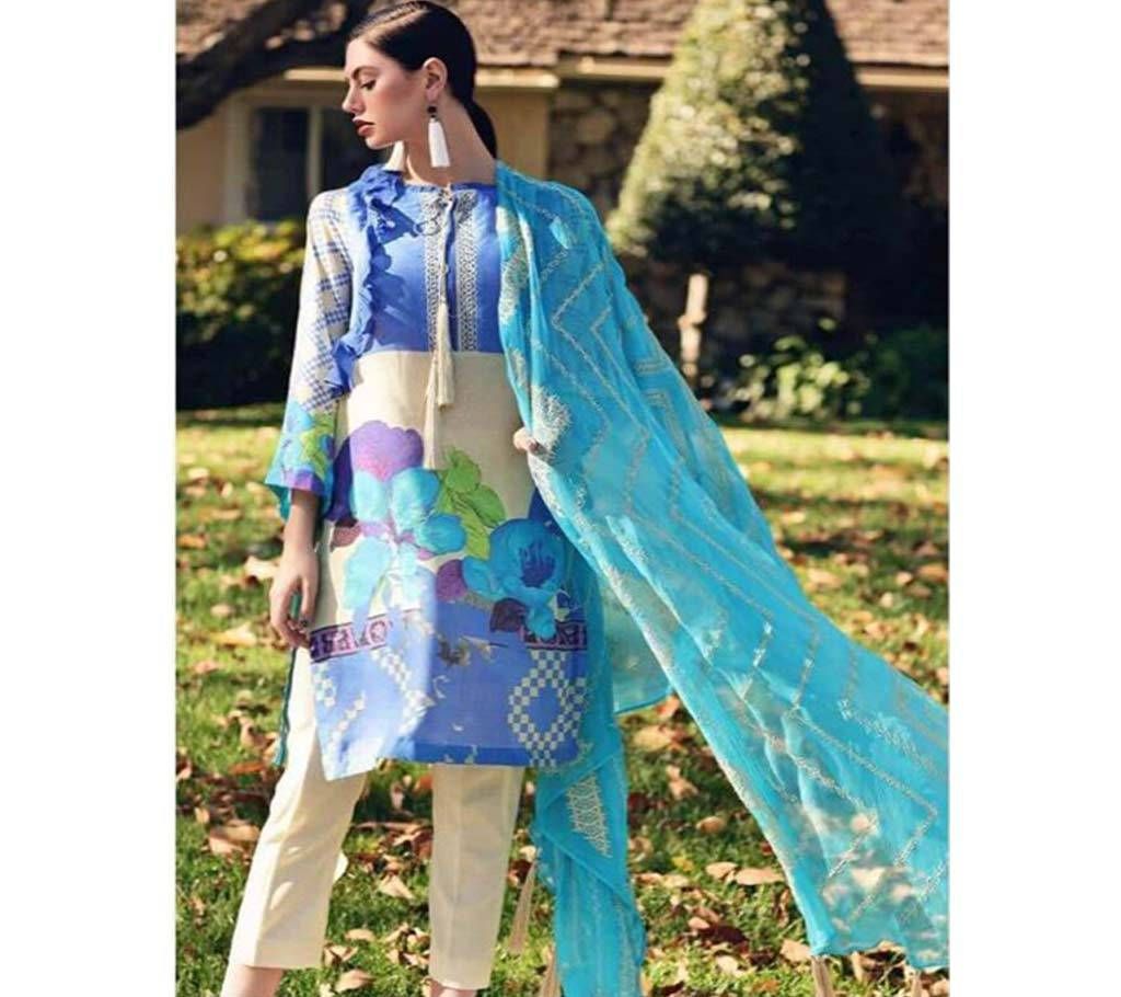 Unstitched Shraddha Zeenat Vol 1 Cotton Satin Navy Blue with Off White and Flower Design Mix 3pc