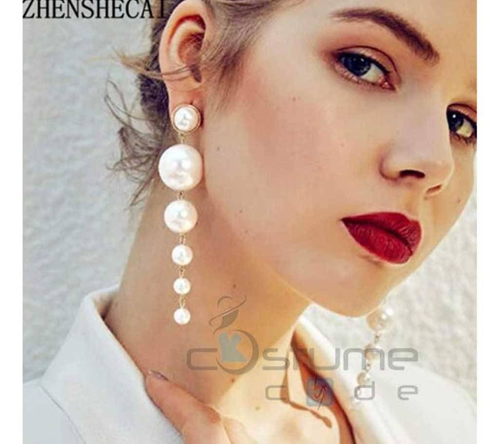 Trendy Elegant Created Big Simulated Pearl Long Earrings Pearls String Statement Drop Earrings For Wedding Party