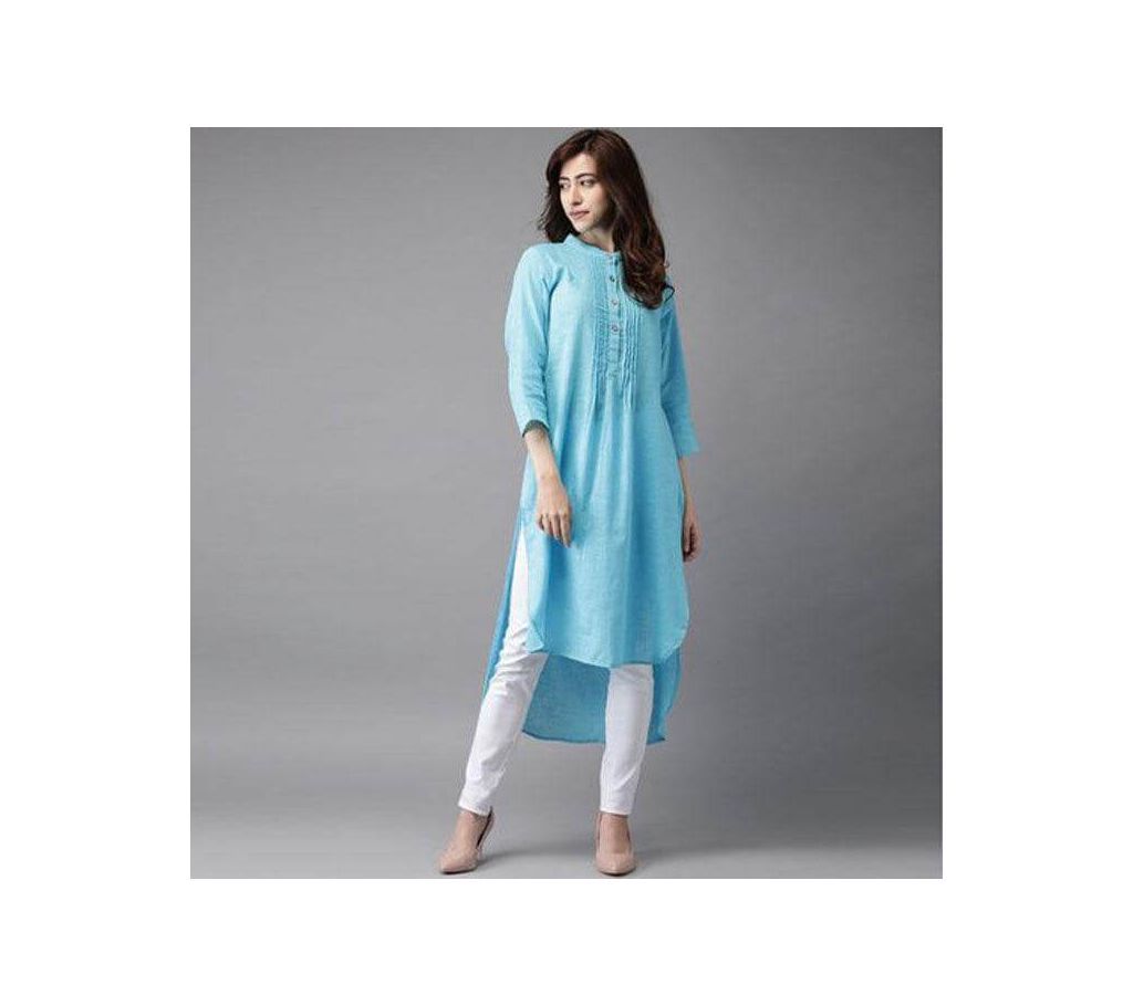 Sky Blue Linen Kurti for Women (Tailor Made) - Kuchi Plate