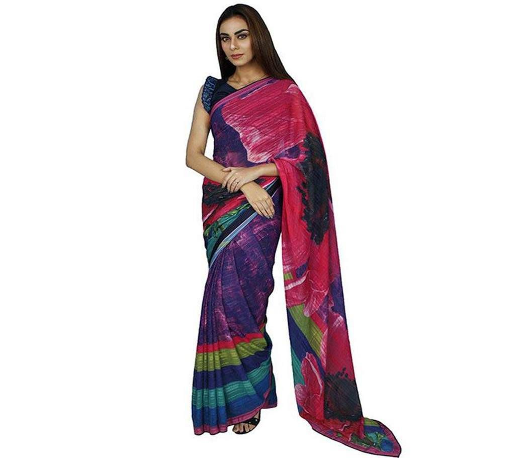 Magenta color (rose print) - Georgette-Saree (KPOSE88C)