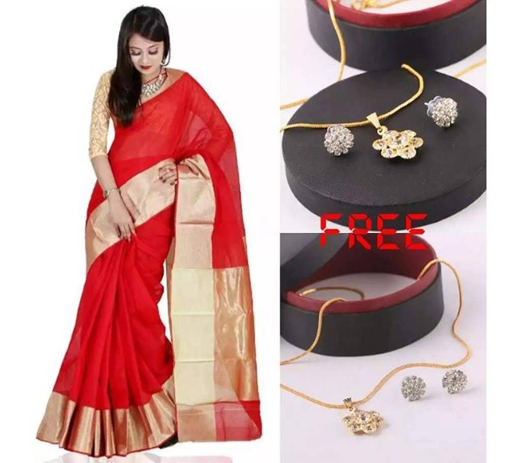 Red Silk Zori Saree For Women With (Pendant Free)