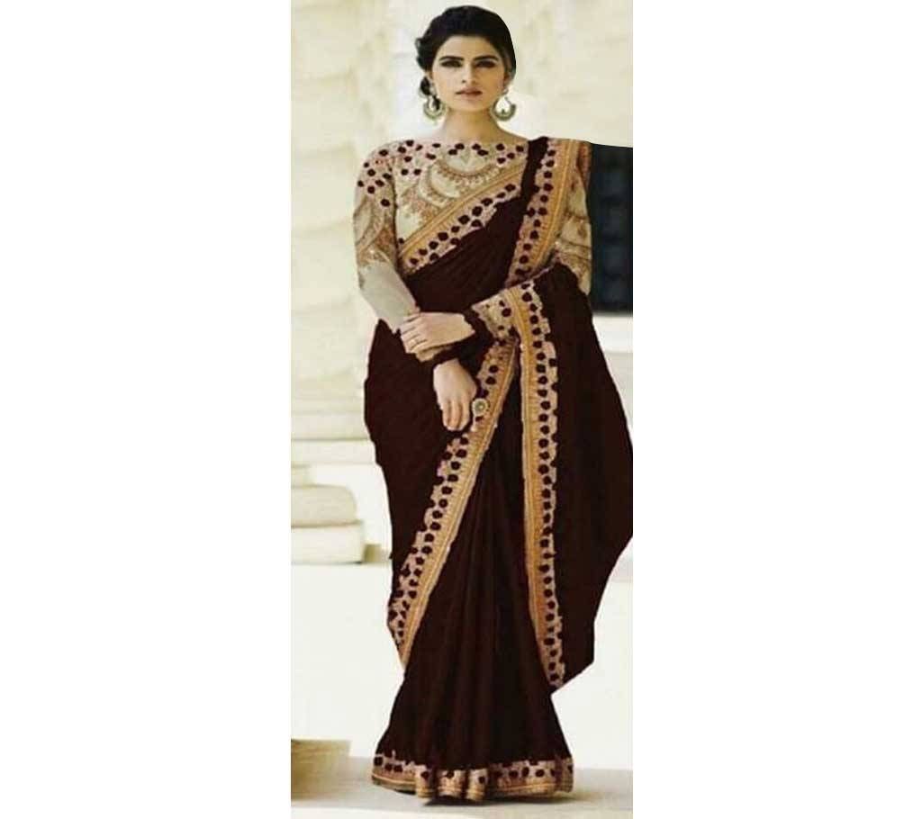 Indian Georgette Saree With Blouse Piece Coffee Color