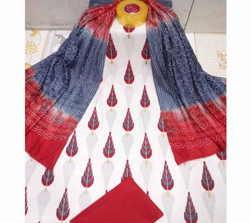 Unstitched Joypuri Cotton 3piece Ash & Red