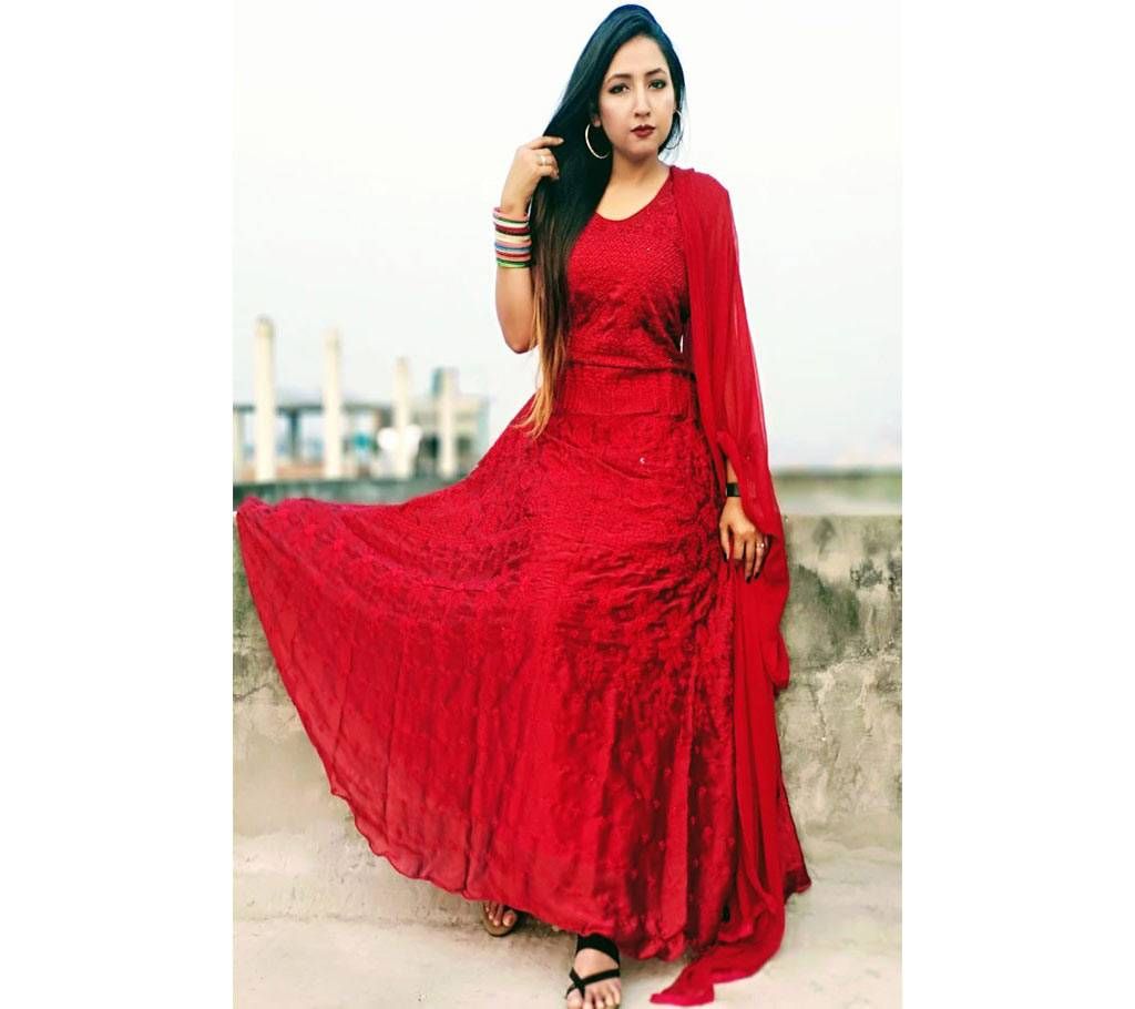 Semi Stitch Party Gown-Red