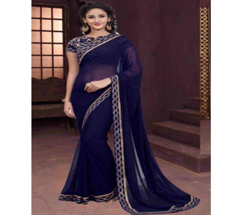 Dark Navy Blue Georgette Saree With Blouse Piece