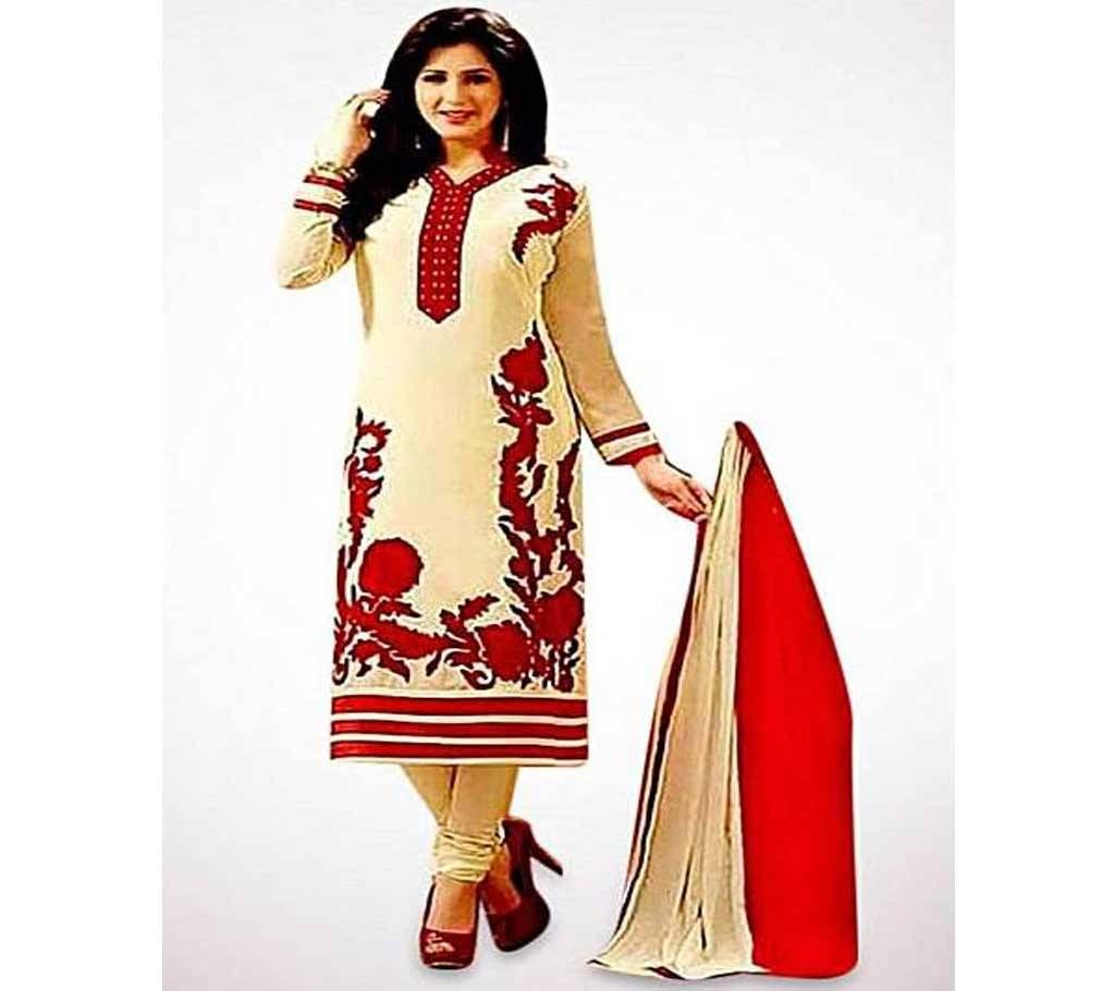 Unstitched Off White Cotton Block Printed Shalwar Kameez For Women