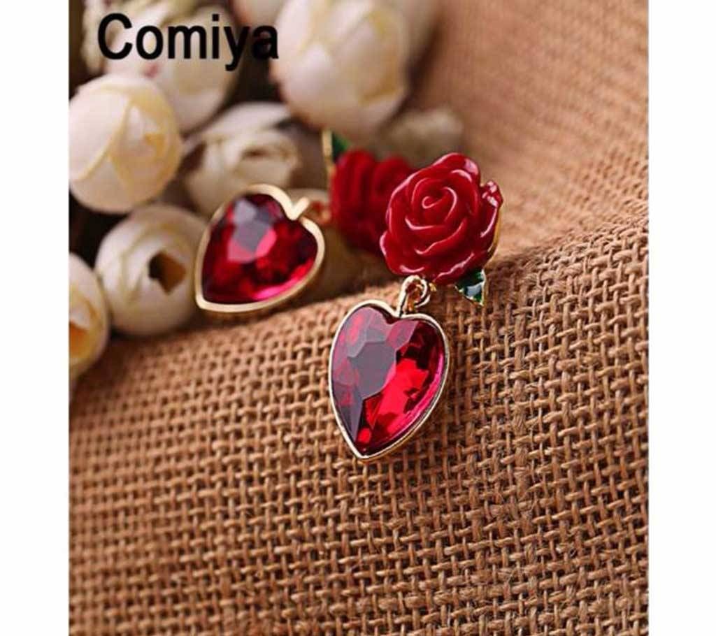 Heart Shape Red Rose Flower Drop Earrings For Women