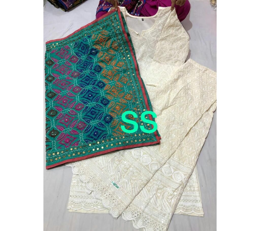 Kashmiri Beautiful Work Mint with Blue, Orange, Pink Multi Design Dupatta with Cotton Dress