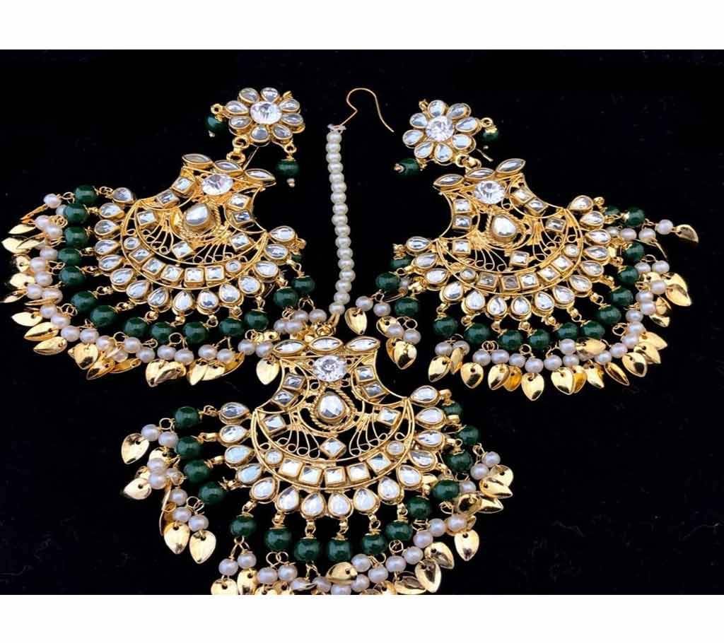 Beautiful Kundan Earring and Tikli Set - Green - Multi Design