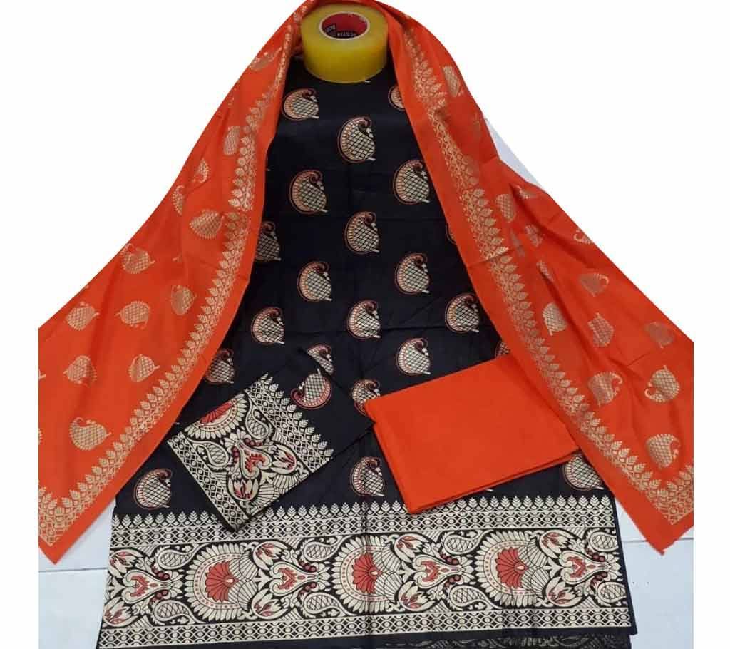 Unstitched Black Color Cotton Screen Printed Salwar Kameez for Women