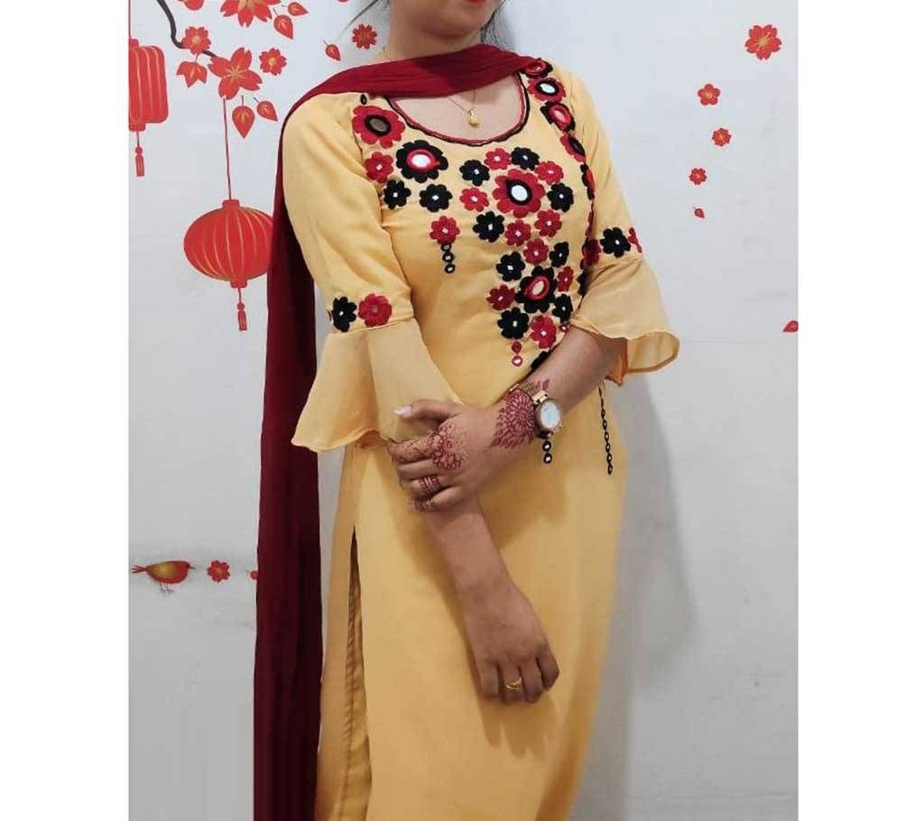Beige with Multi design Handwork Embroidery Unstitched Georgette 3 Pieces - 07 - GDV