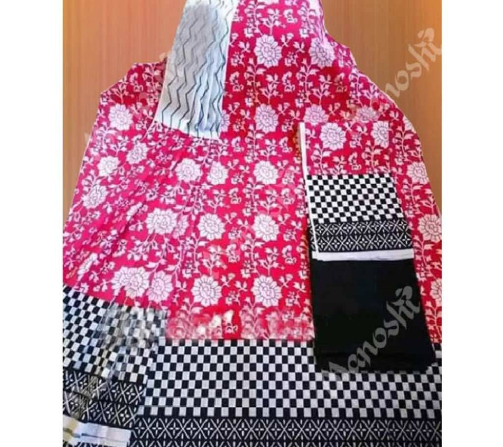 Unstitched Block Printed Three Piece for Women Magenta Color