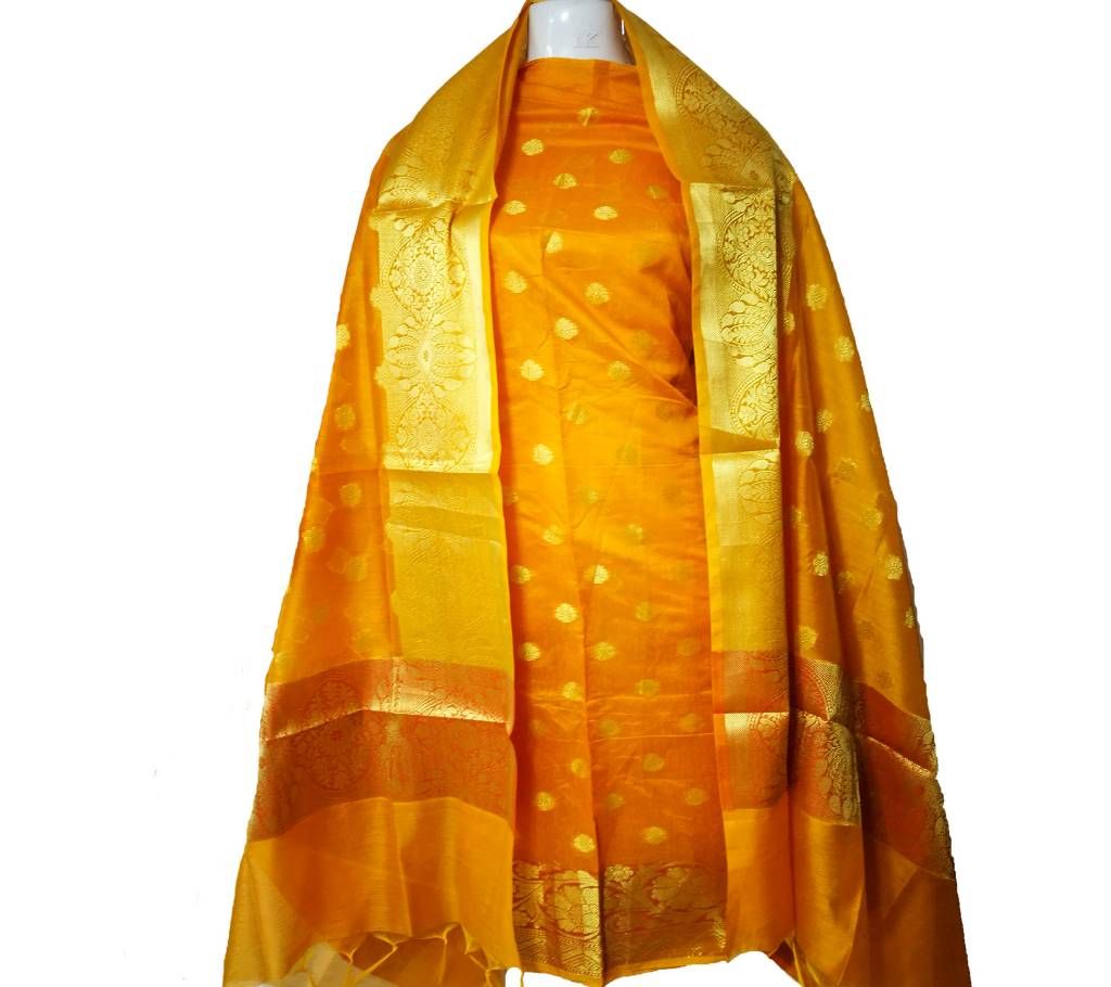 Indian Yellow Katan Banaras Unstitch Two Piece Dress For Women