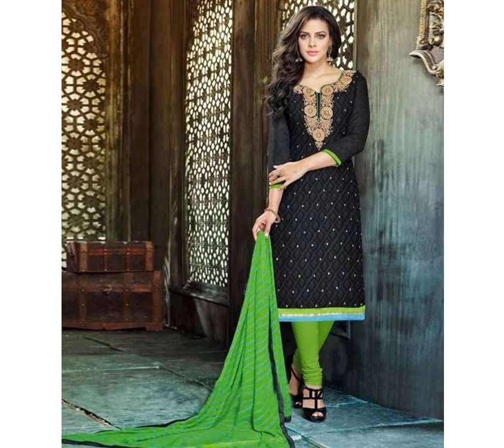 Black Unstitched Block Printed Cotton Salwar Kameez (Replica)