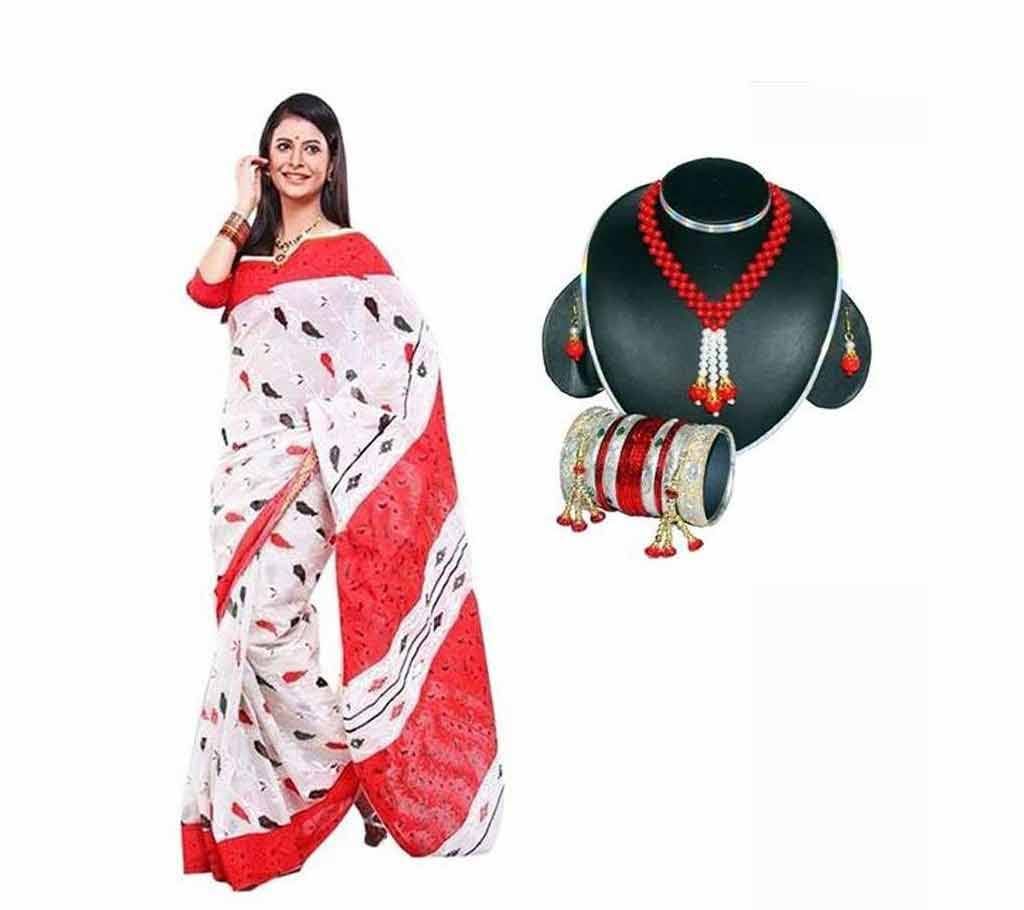 Hand Paint Printed Cotton Sari + Necklace Set Combo