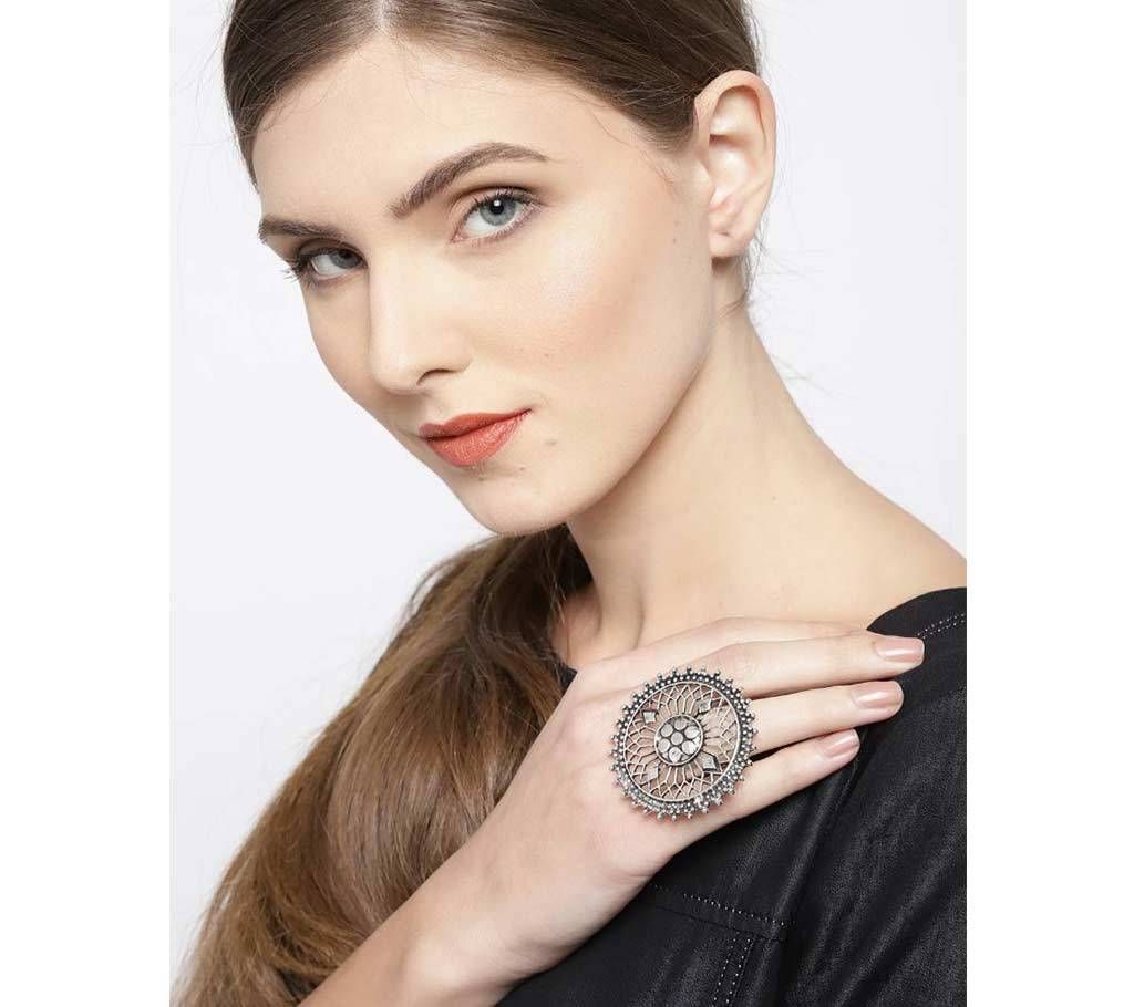 Women Oxidised Silver-Toned Textured Tribal Adjustable Oversized Ring