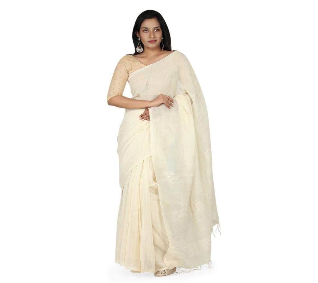 Off White pure Cotton with Khadi Stripe Saree