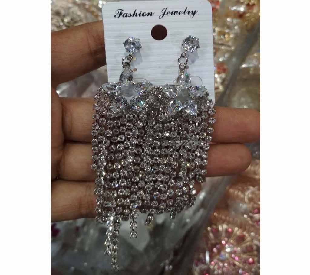Long Silver Earrings With Star Shaped Multiple Stones Design 