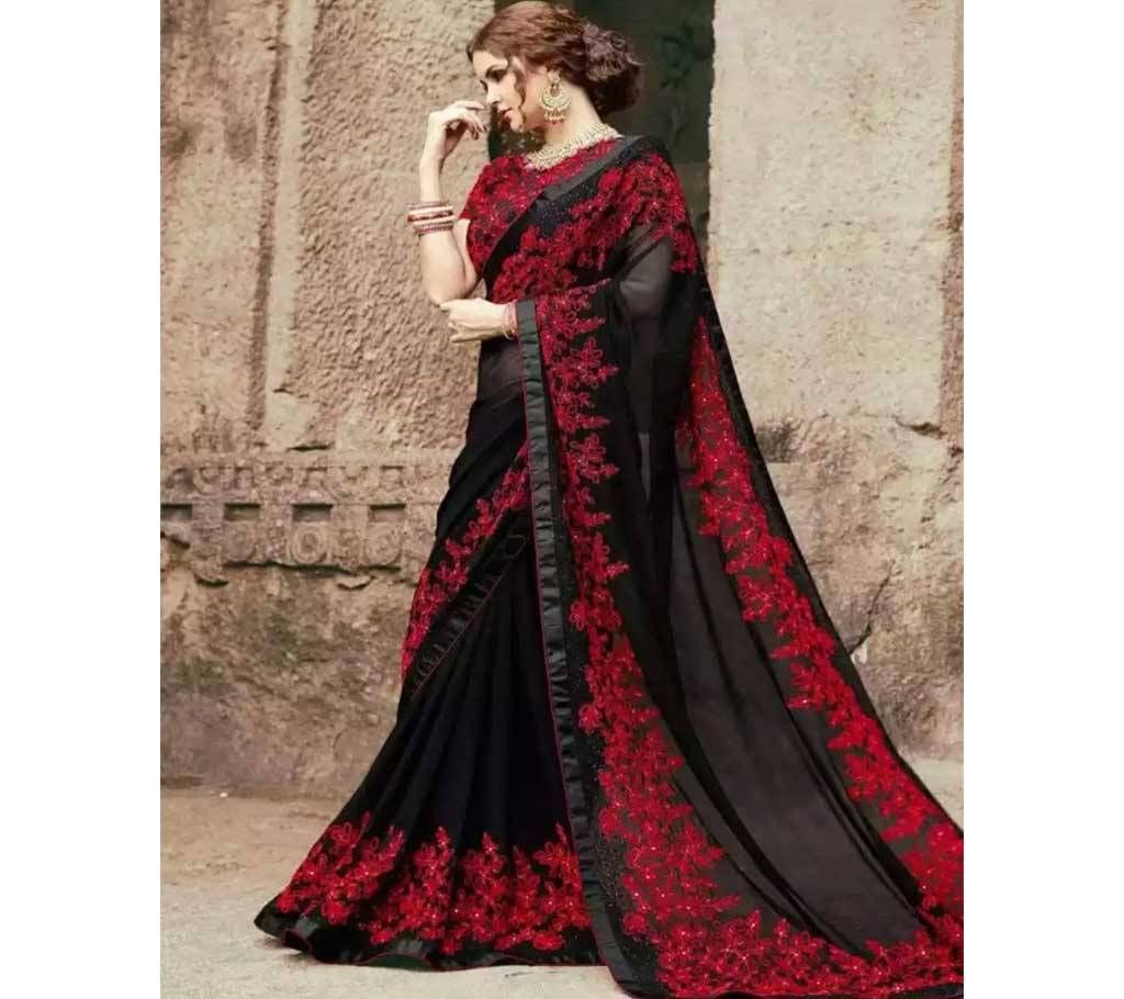 Indian Georgette Saree With Blouse Piece Black And Red 