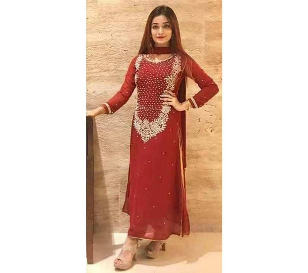 karchupi work unstitched georgette three piece 