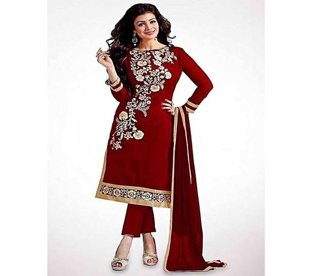 Unstitched Dark Red Cotton Block Printed Shalwar Kameez For Women