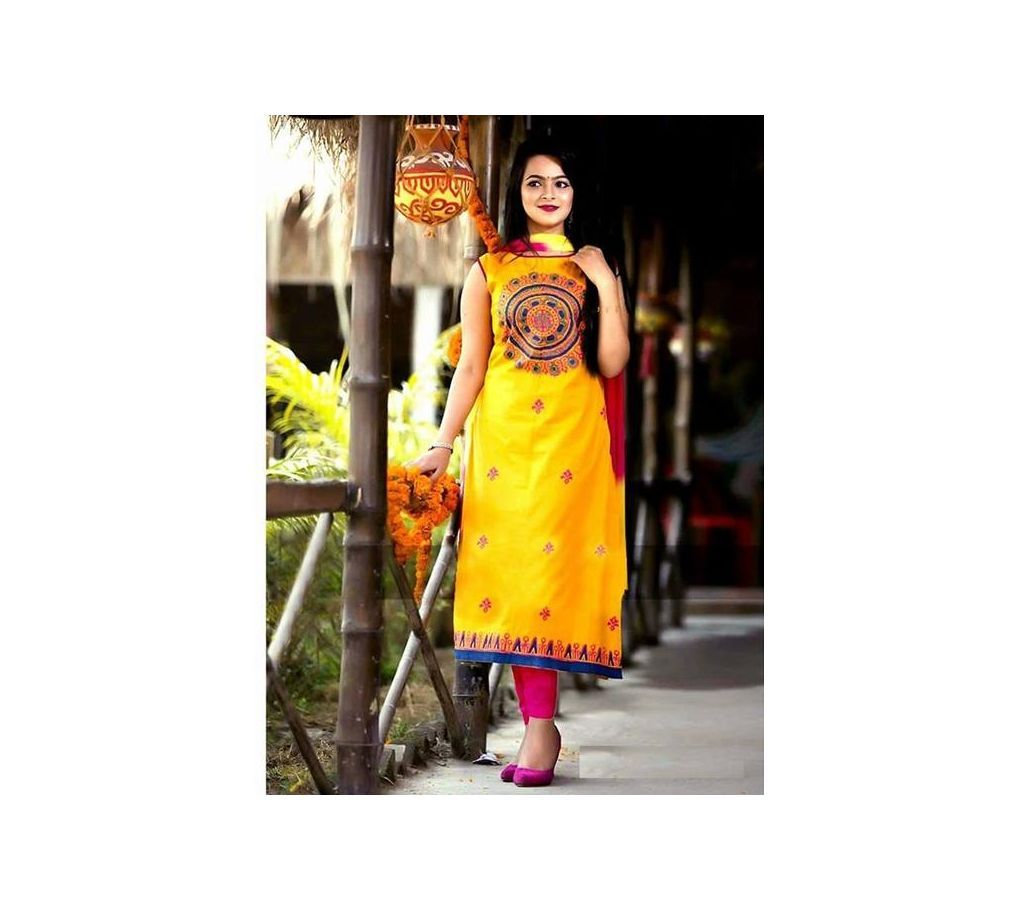 Unstitched Yellow Printed Cotton Salwar Kameez For Women