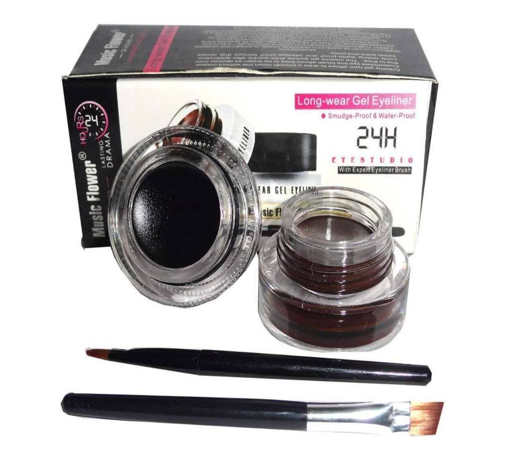 Music Flower 2 in 1 (Brown + Black) Gel Eyeliner (Waterproof) Smudge-proof Cosmetics Tools With 2 Eye Liner Brushes