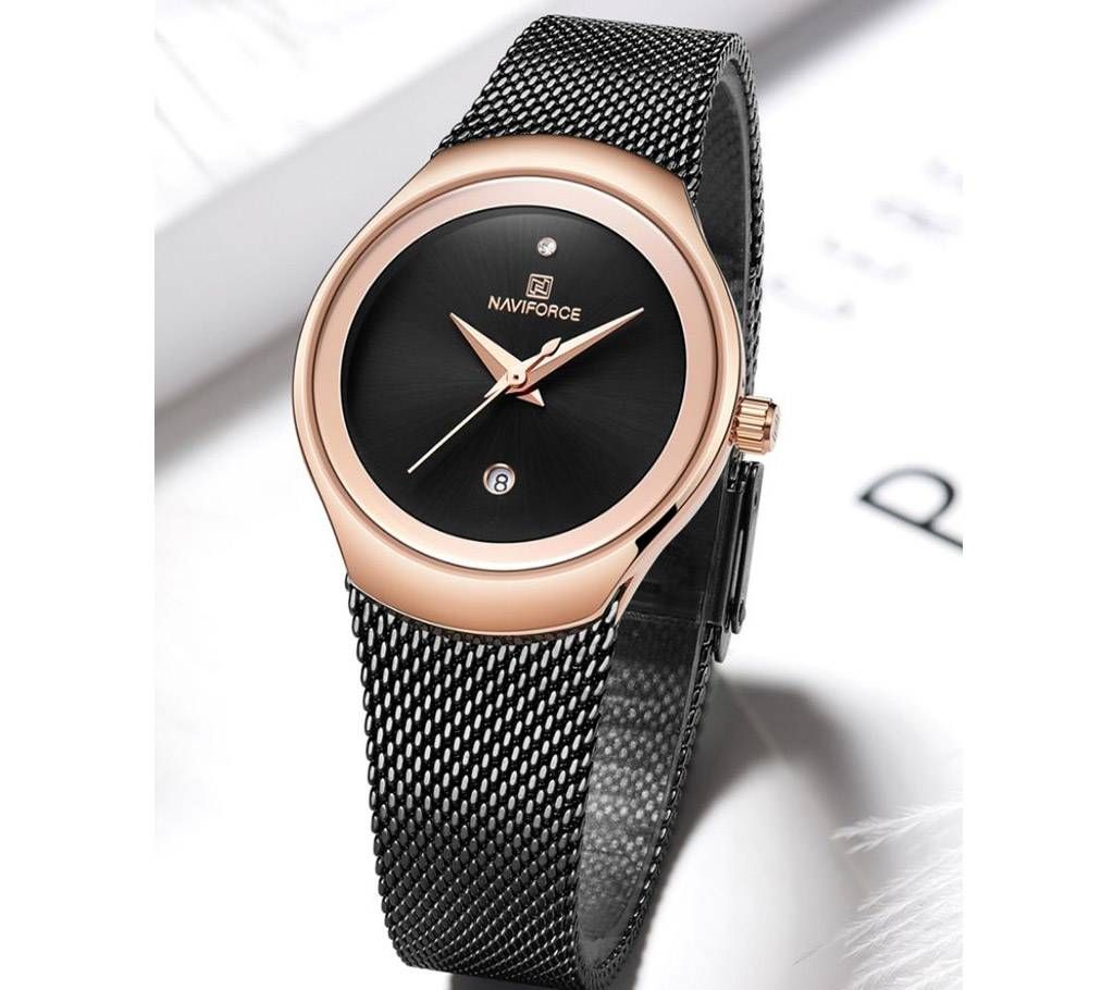 NAVIFORCE NF5004 Black Mesh Stainless Steel Analog Watch For Women - RoseGold & Black