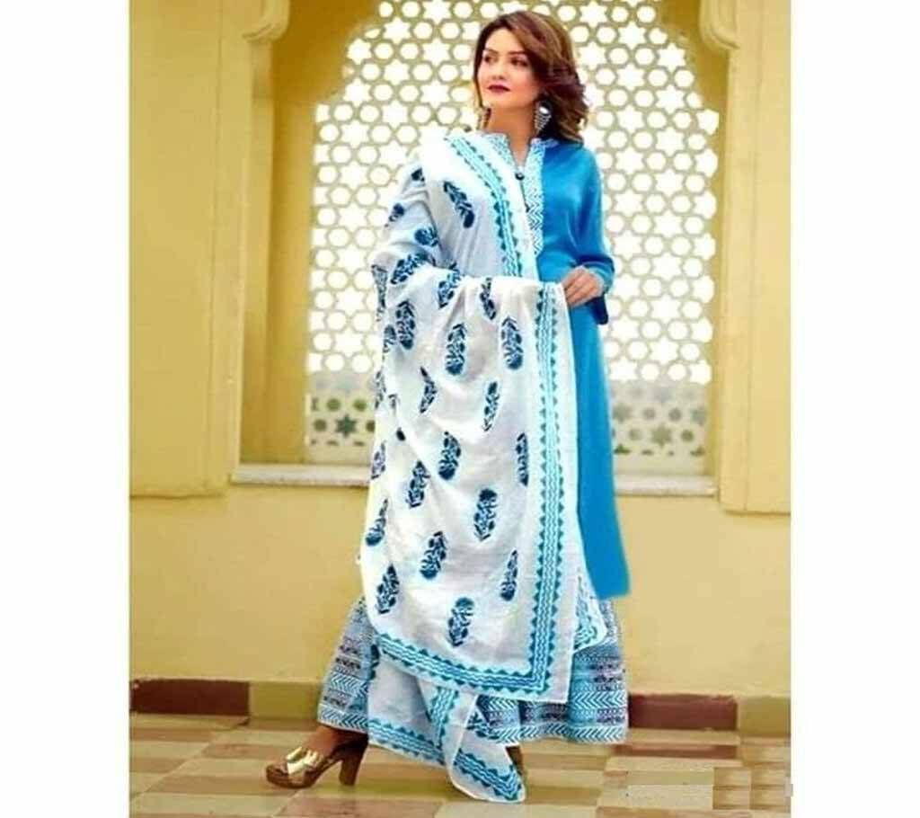  Sky Blue and White Block Printed 3 pieces Salwar Kameez for Women