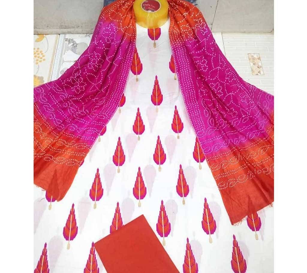 Unstitched Joypuri Cotton 3piece Red & Pink