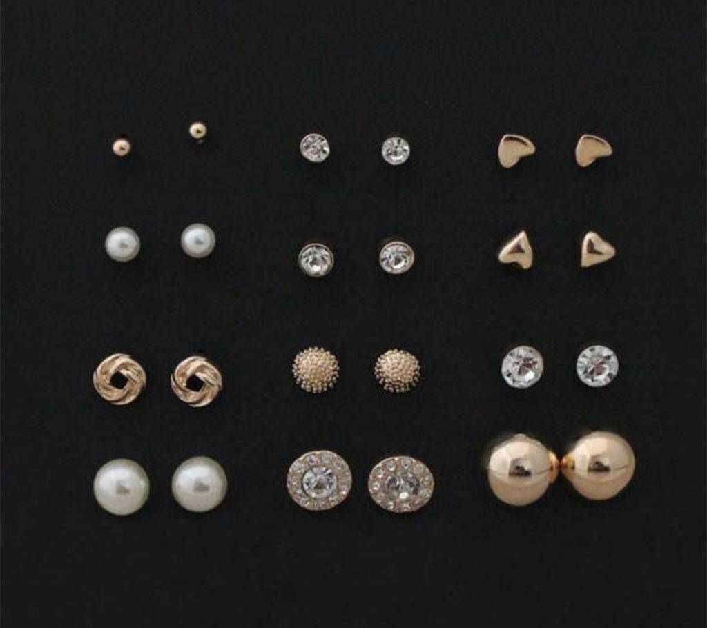 Round Square Ball Alloy Crystal Stud (12 Pairs)