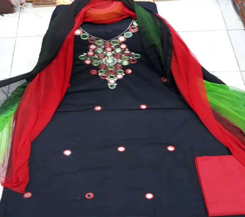 Unstitched Mirror Work Slub Cotton Three piece
