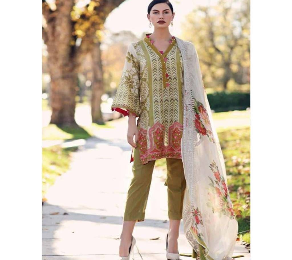 Unstitched Shraddha Zeenat Vol 1 Cotton Satin Deep Olive with White Mix Design 3pc