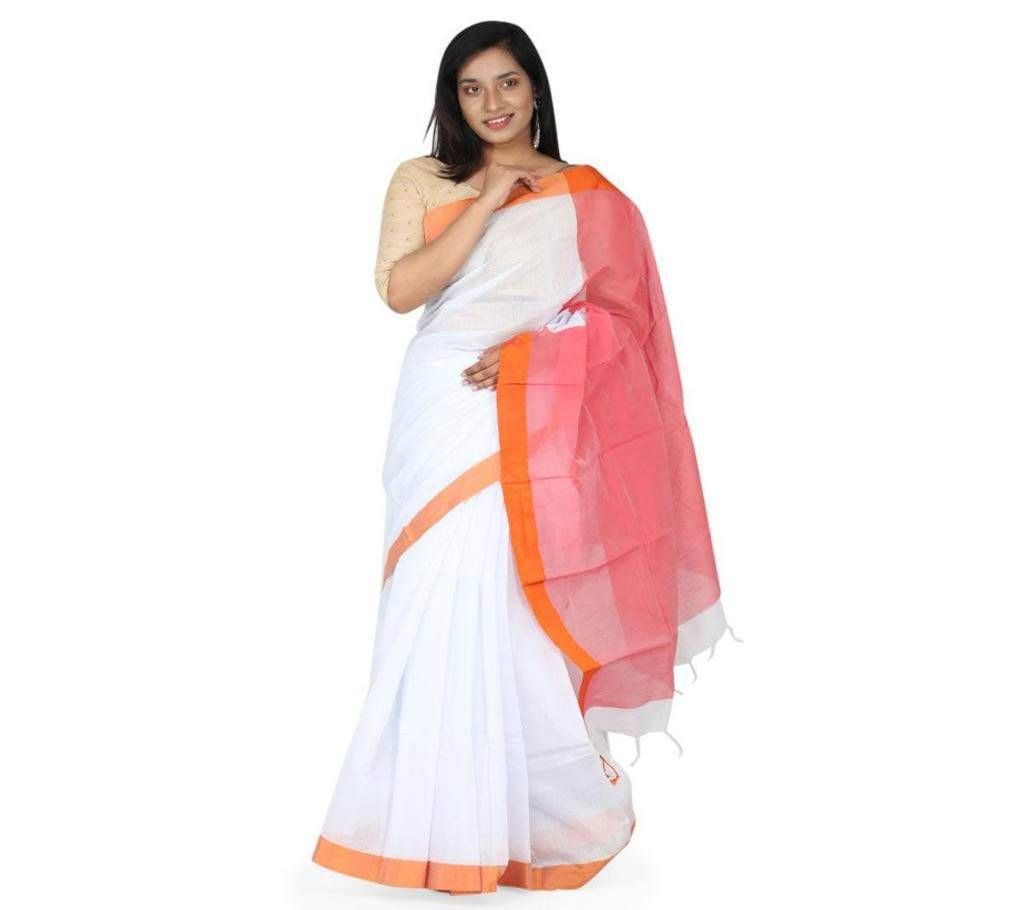 Off white body red achol Handloom Cotton Saree