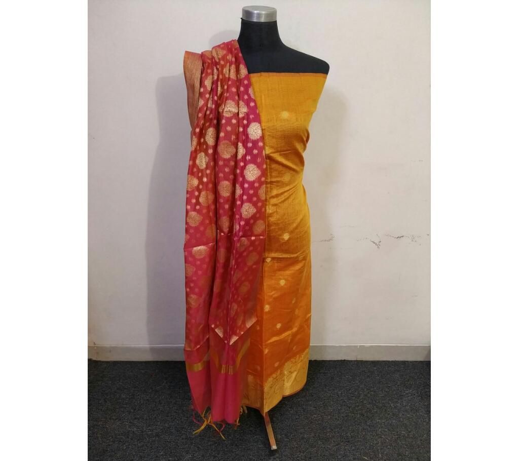 >Benarasi Katan 2 piece 08 Violet pink with Golden orange with Violet Dupatta