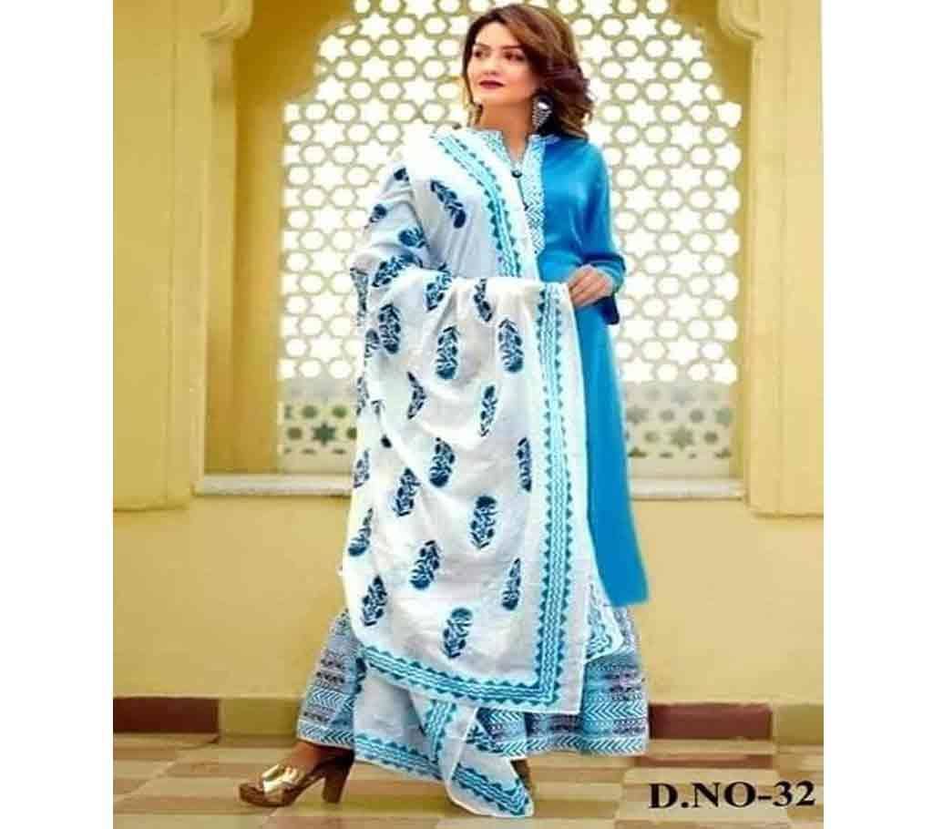 Latest Sky Blue Block Printed 3 pieces Salwar Kameez for Women
