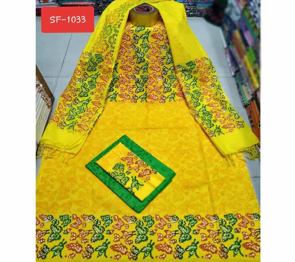 Block Printed Unstitched Cotton Three Piece- Yellow 