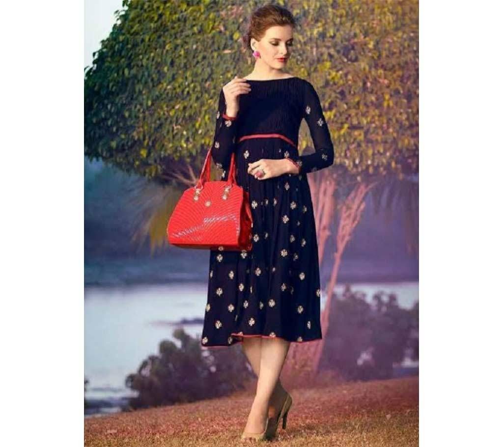 Dark Blue Semi Ready Embroidered Georgette Kurt