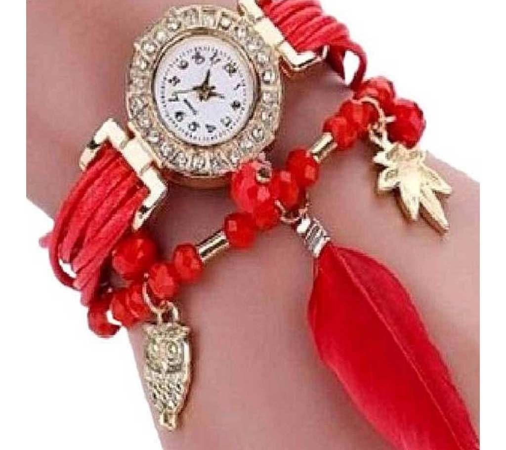 Artificial Leather Analog Watch for Women - Red