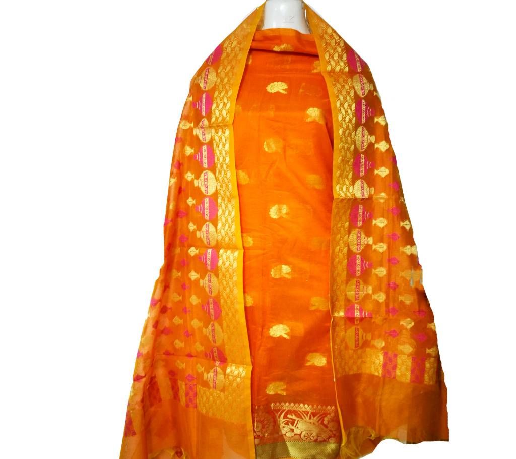 Indian Deep Yellow Katan Banaras Unstitch Two Piece Dress For Women