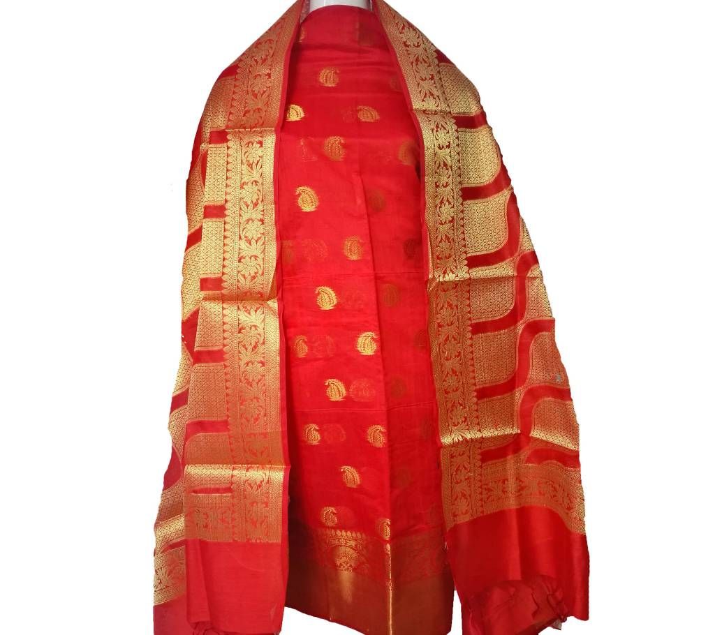 Red Katan Banaras Unstitch Three Piece Dress For Women