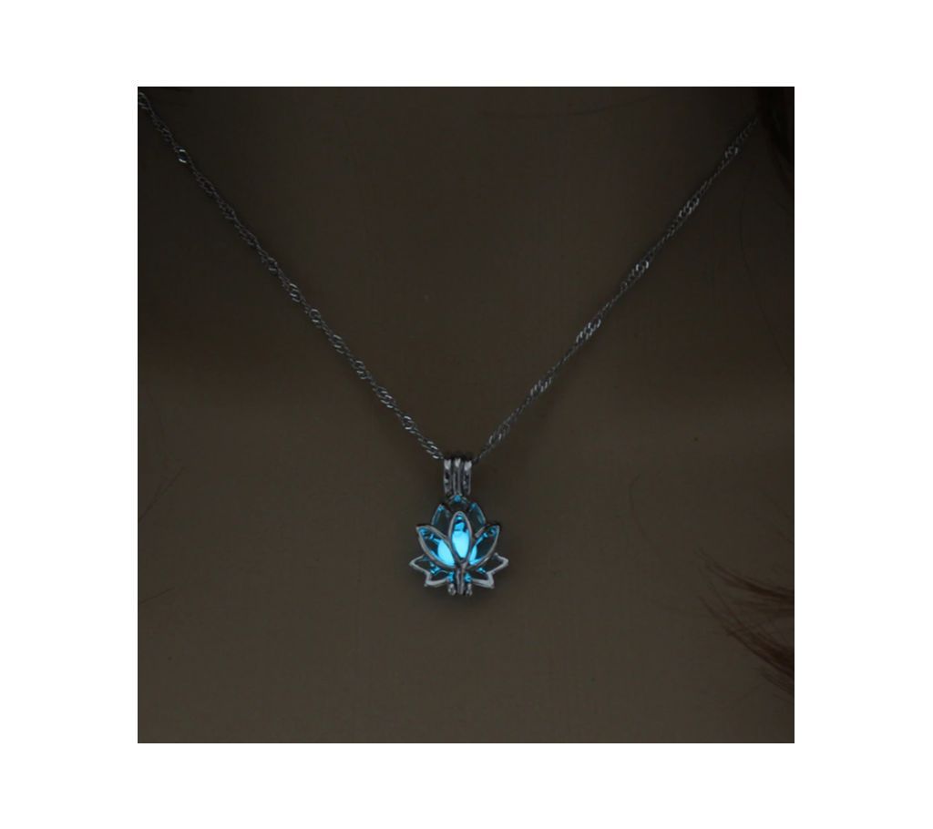 Luminous Glowing In The Dark Moon Lotus Flower Shaped Pendant Necklace Light Blue For Women