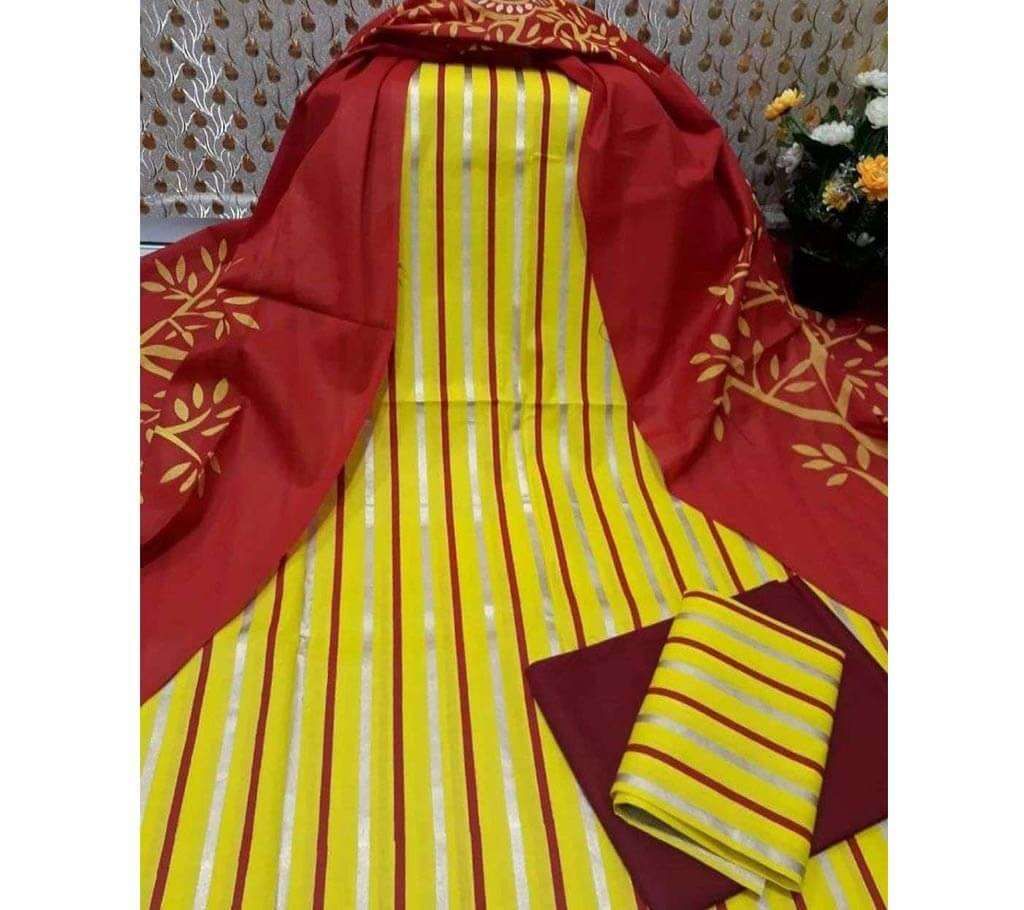 Unstitched Yellow and Marron Skin Printed 3 pieces Salwar Kameez for Women